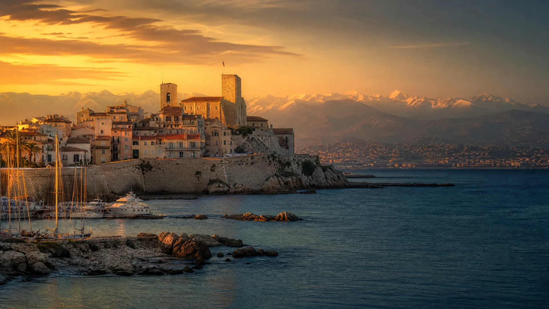 The old town of Antibes on the French Riviera glowing at golden hour, calm Mediterranean sea in the foreground