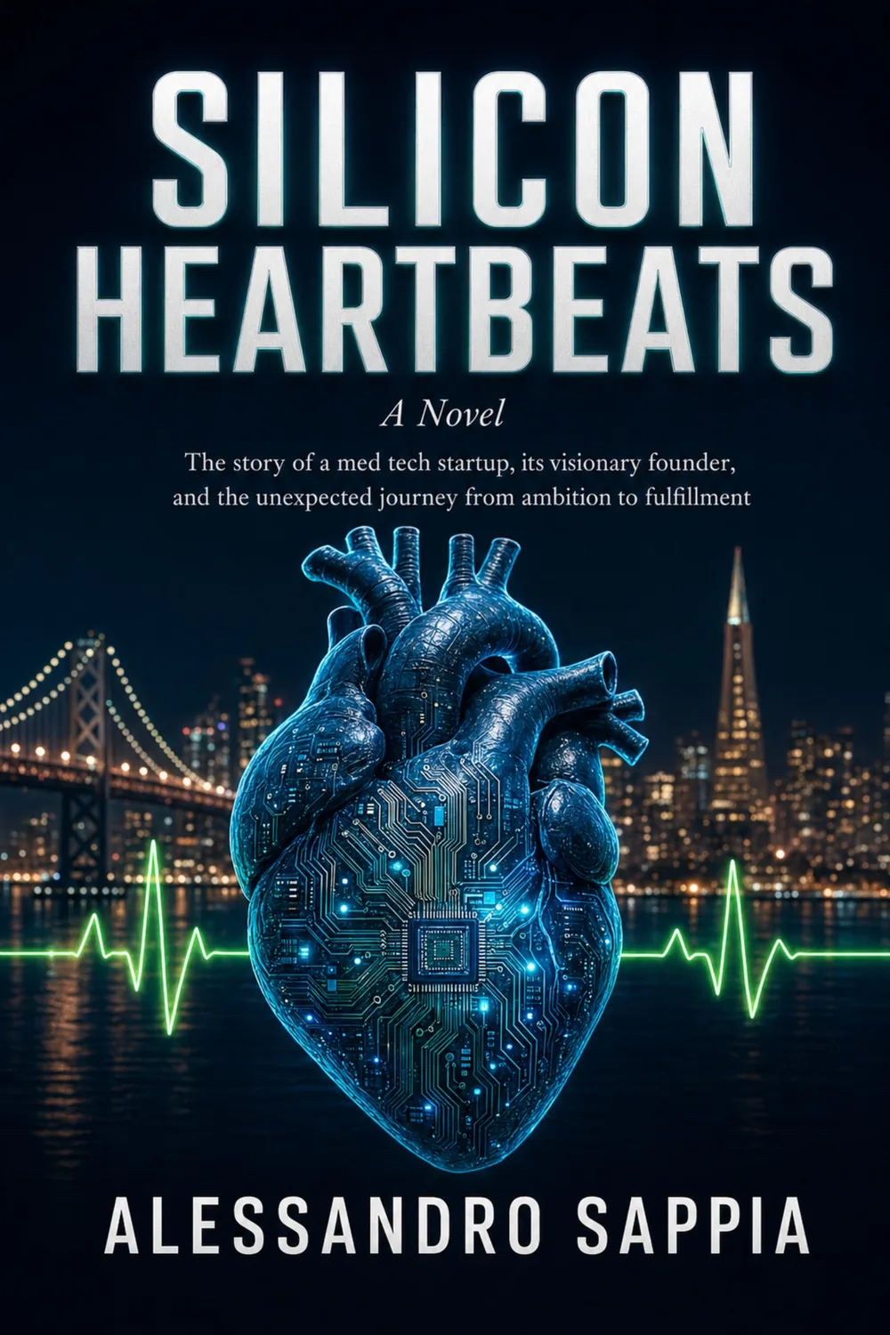 Front cover of Silicon Heartbeats, showing a glowing circuit-board heart over the San Francisco bay at night